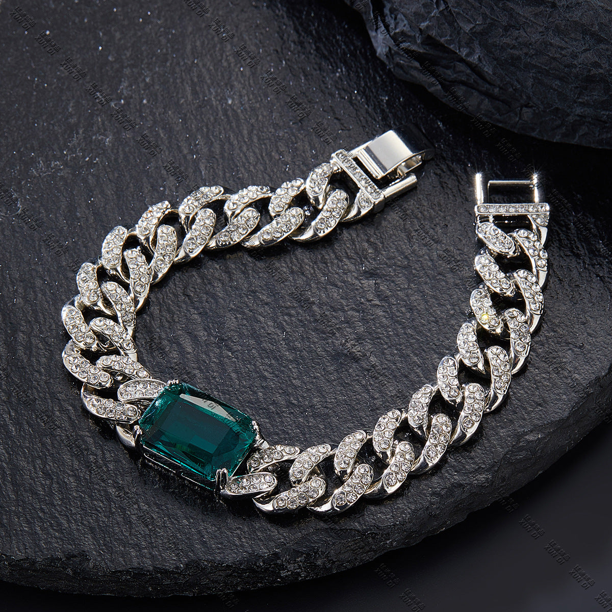 Hip Hop Iced Out Cuban Link Bracelet With Emerald Cut Green Zirconia