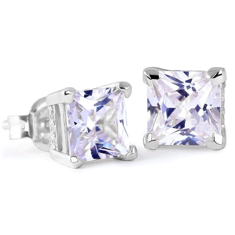 Pair of silver stud earrings with clear gemstones on a white background