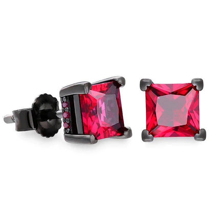 Red square gemstone stud earrings with black metal setting on a white background