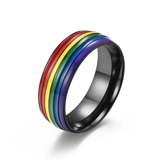 Ring with rainbow stripes and black band on a white background