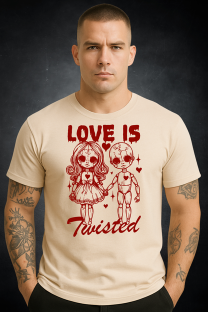 Man wearing a beige t-shirt with a graphic design and text on a dark background