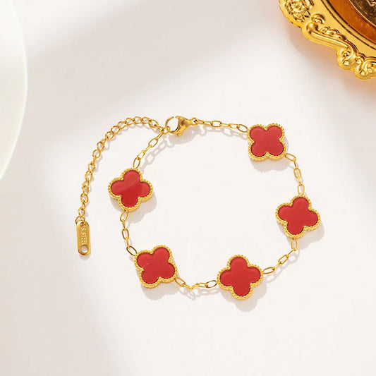 Lucky Clover 18K Gold Plated Stainless Steel Bracelet – Red