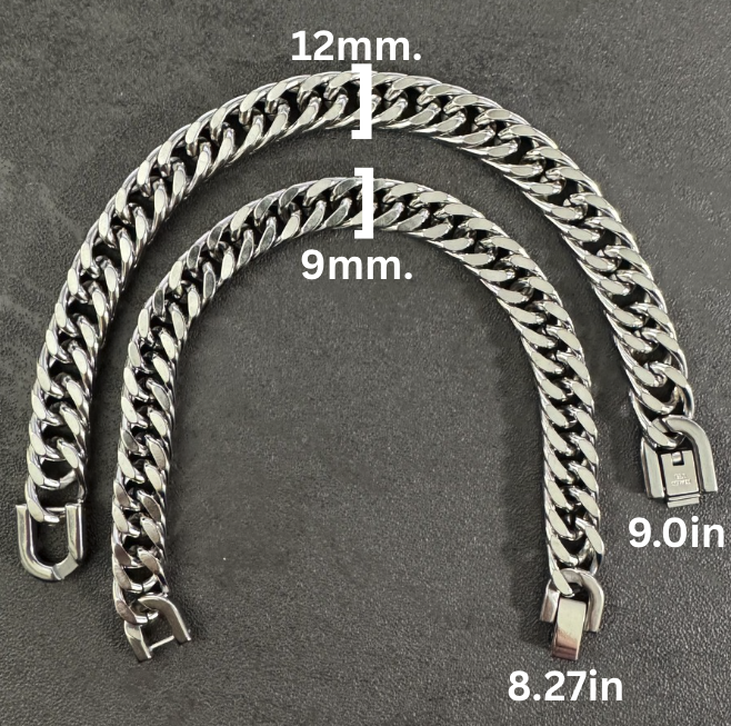 Silver chain bracelet with measurements on a gray background