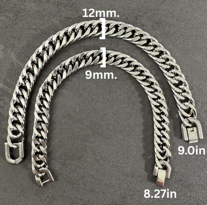 Silver chain bracelet with measurements on a gray background