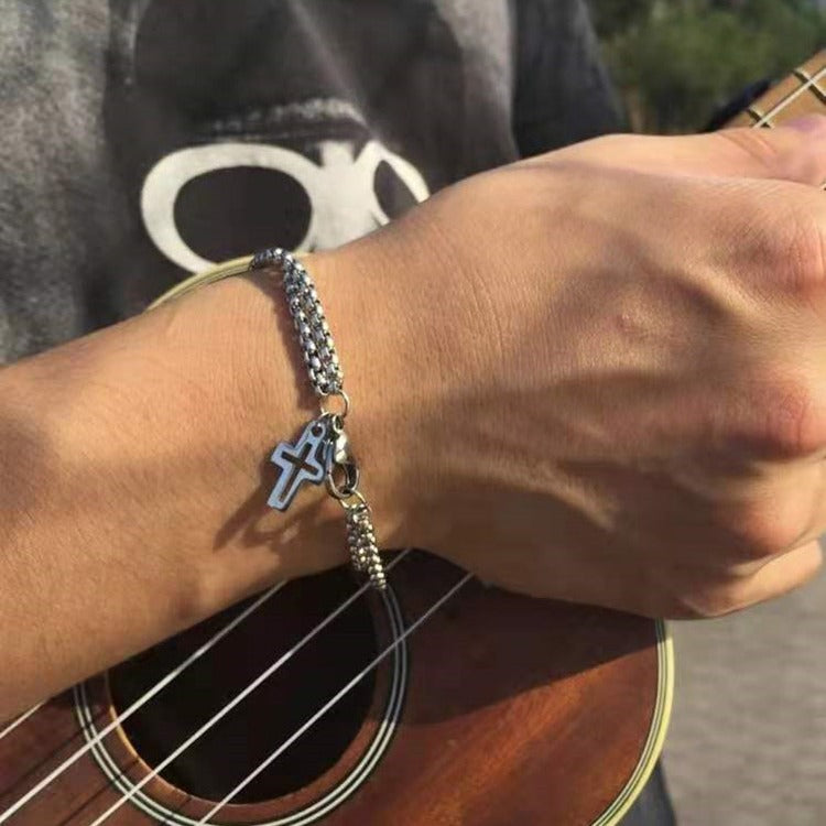 Double Layer Stainless Steel Chain Bracelet for Men Women Hollow Cross Pendant Vintage Hip Hop Style Titanium Steel