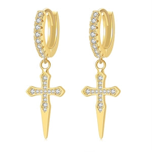 Hip Hop Gold Plated Copper Zirconia Huggie Hoop Earrings Iced Out Cross Dagger