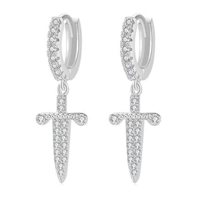 Hip Hop Gold Plated Copper Zirconia Huggie Hoop Earrings Iced Out Cross Dagger