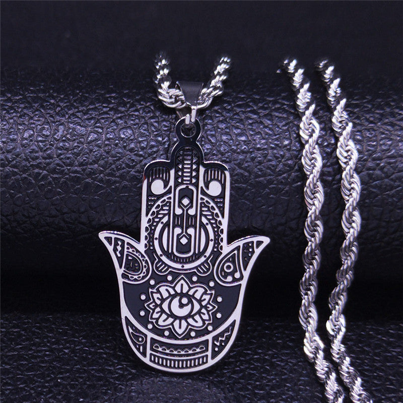 Vintage Stainless Steel Hamsa Hand Pendant Necklace Evil Eye Amulet Protection