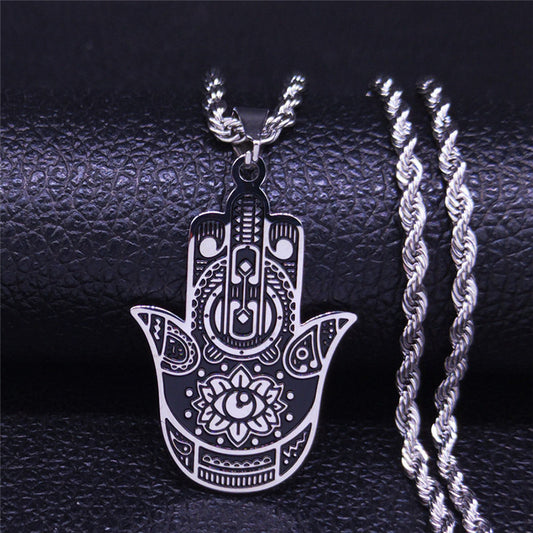 Vintage Stainless Steel Hamsa Hand Pendant Necklace Evil Eye Amulet Protection