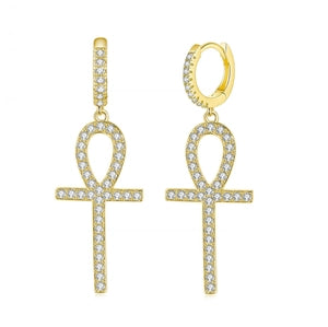 Hip Hop Gold Plated Copper Zirconia Huggie Hoop Earrings Iced Out Cross Dagger