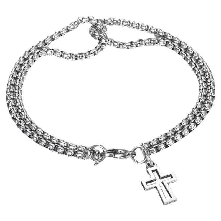 Double Layer Stainless Steel Chain Bracelet for Men Women Hollow Cross Pendant Vintage Hip Hop Style Titanium Steel