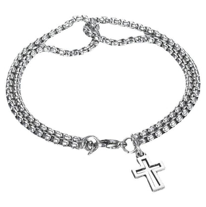 Double Layer Stainless Steel Chain Bracelet for Men Women Hollow Cross Pendant Vintage Hip Hop Style Titanium Steel