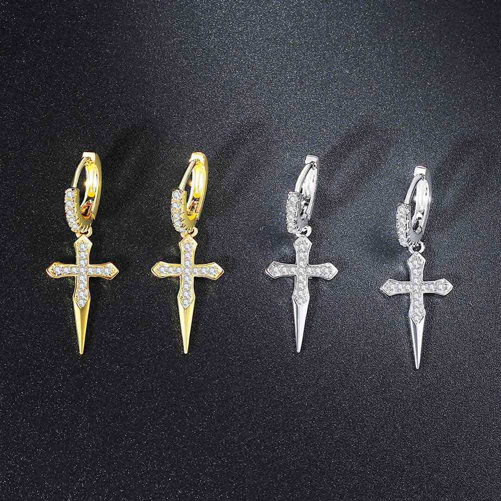 Hip Hop Gold Plated Copper Zirconia Huggie Hoop Earrings Iced Out Cross Dagger