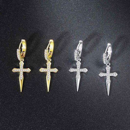 Hip Hop Gold Plated Copper Zirconia Huggie Hoop Earrings Iced Out Cross Dagger