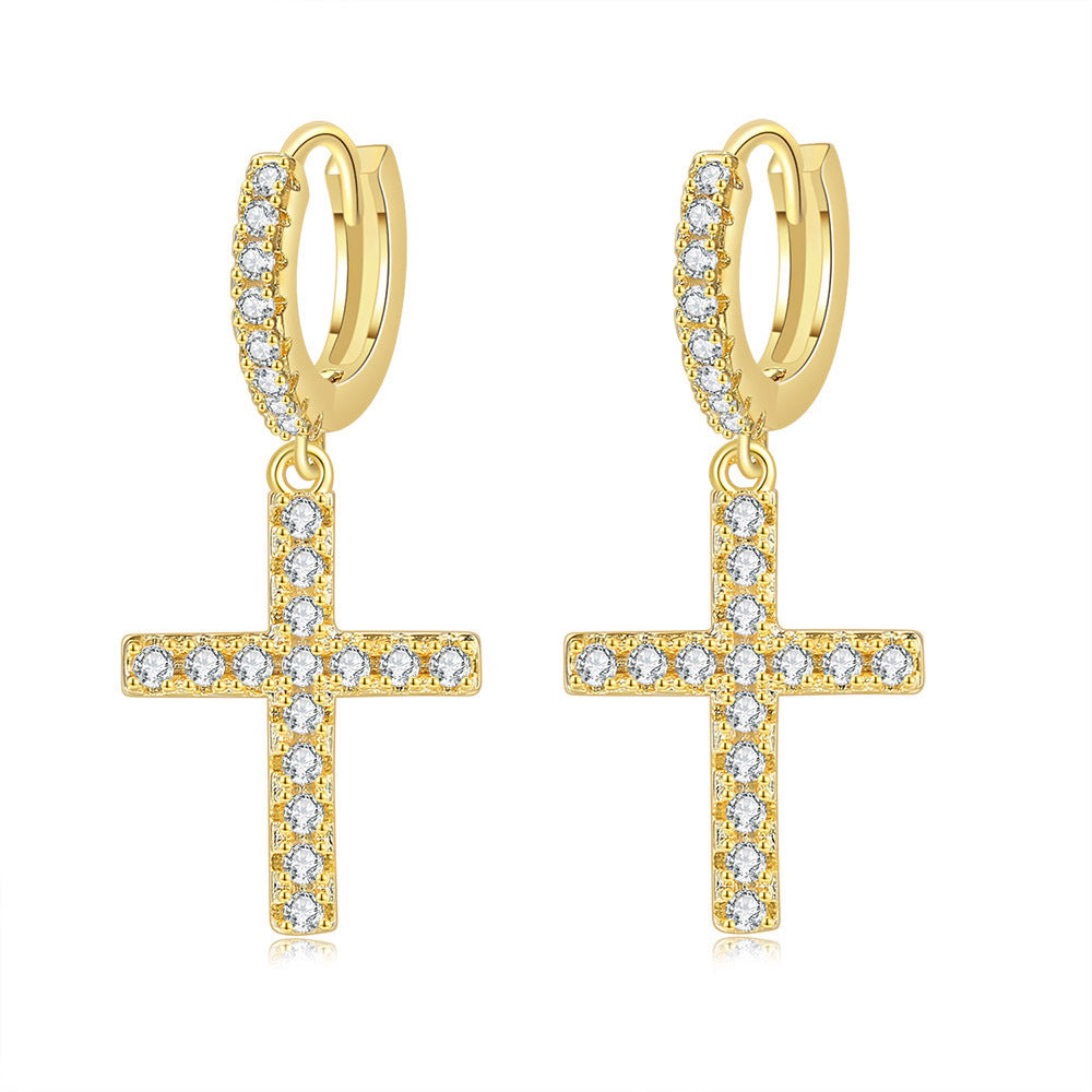 Hip Hop Gold Plated Copper Zirconia Huggie Hoop Earrings Iced Out Cross Dagger