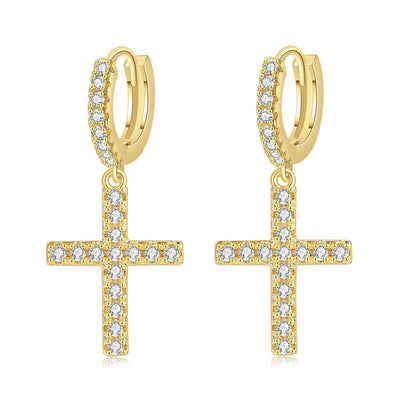 Hip Hop Gold Plated Copper Zirconia Huggie Hoop Earrings Iced Out Cross Dagger