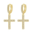 Hip Hop Gold Plated Copper Zirconia Huggie Hoop Earrings Iced Out Cross Dagger