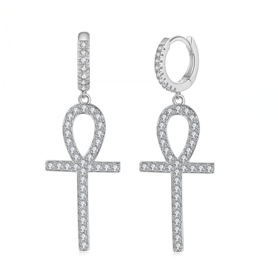 Hip Hop Gold Plated Copper Zirconia Huggie Hoop Earrings Iced Out Cross Dagger