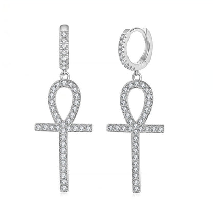 Hip Hop Gold Plated Copper Zirconia Huggie Hoop Earrings Iced Out Cross Dagger