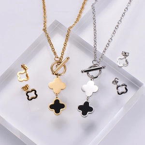 Stainless Steel Jewelry Set Four Leaf Clover Enamel Pendant Necklace And Stud Earrings