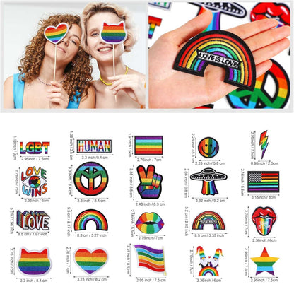 Collage of rainbow-themed items including stickers and patches with measurements.