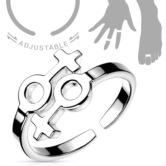 Double Female Symbol Adjustable Rhodium Plated Brass Mid-Ring/Toe Ring