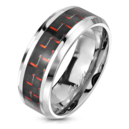 Black and Red Carbon Fiber Center Band Ring Stainless Steel