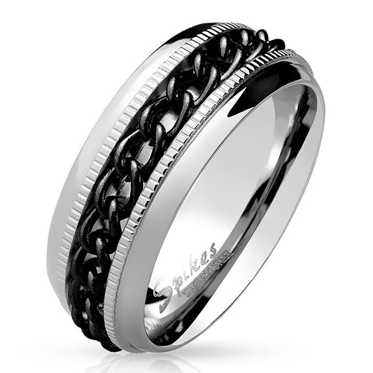 Black PVD Chain Center Spinner and Diacut Lined Stainless Steel Rings