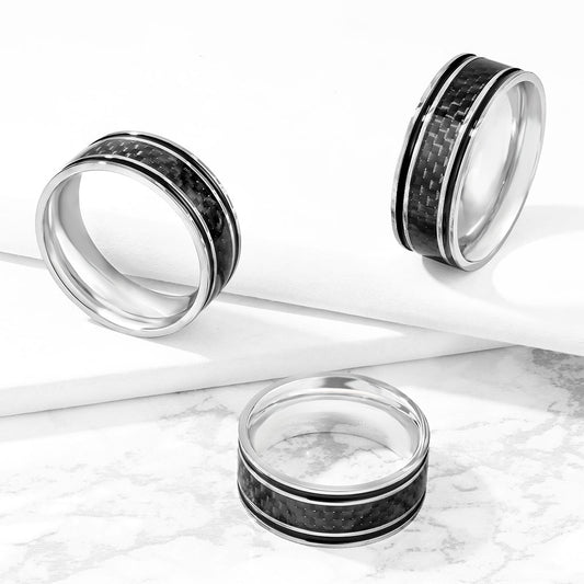 Black Carbon Fiber Inlaid Center with Black Lines Stainless Steel Ring