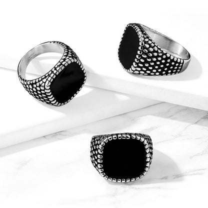 Flat Black Enamel Filled Square Dragon Skin Sides Stainless Steel Ring