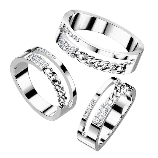 Pave CZ Double Line With Chain Stainless Steel Ring