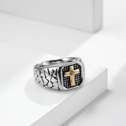 Retro Minimalist Cross 304 Stainless Steel Inlay Rhinestones 18K Gold Plated Unisex Rings