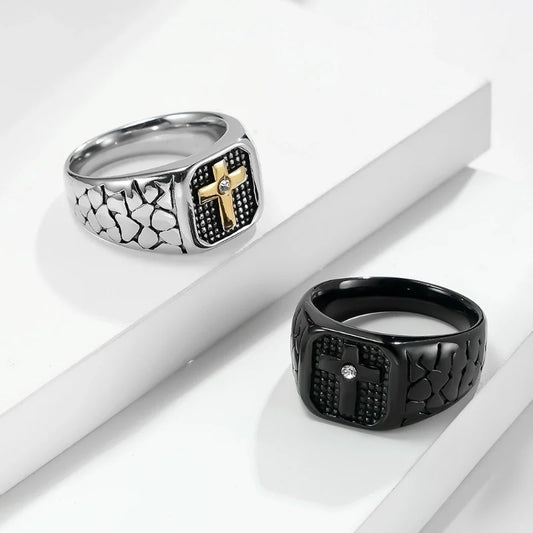 Retro Minimalist Cross 304 Stainless Steel Inlay Rhinestones 18K Gold Plated Unisex Rings