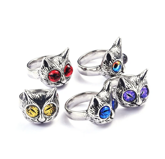 Cute Punk Cat 304 Stainless Steel Glass Men's Rings