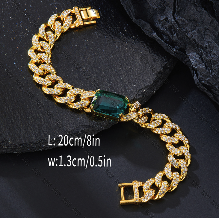 Hip Hop Iced Out Cuban Link Bracelet With Emerald Cut Green Zirconia