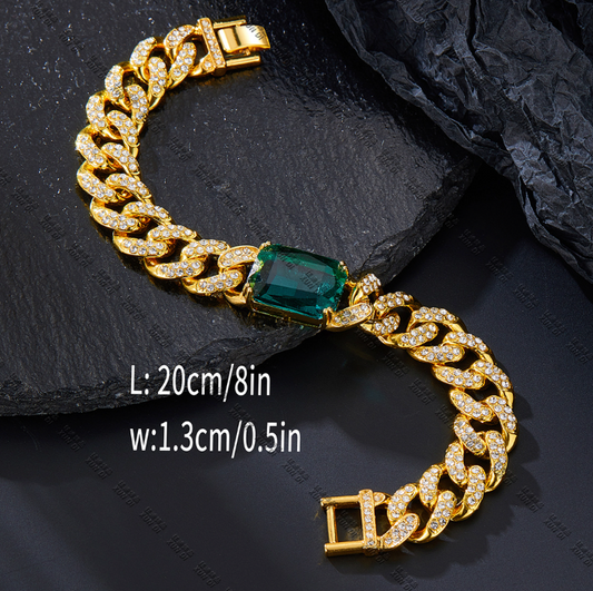 Hip Hop Iced Out Cuban Link Bracelet With Emerald Cut Green Zirconia
