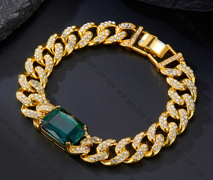 Hip Hop Iced Out Cuban Link Bracelet With Emerald Cut Green Zirconia