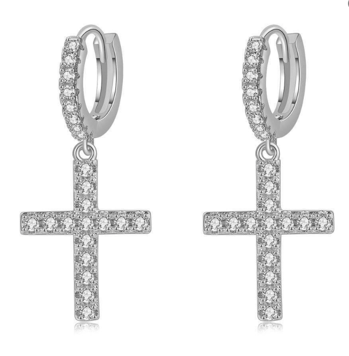 Hip Hop Gold Plated Copper Zirconia Huggie Hoop Earrings Iced Out Cross Dagger