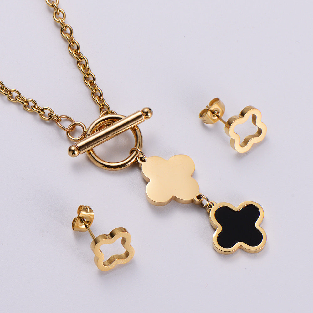 Stainless Steel Jewelry Set Four Leaf Clover Enamel Pendant Necklace And Stud Earrings