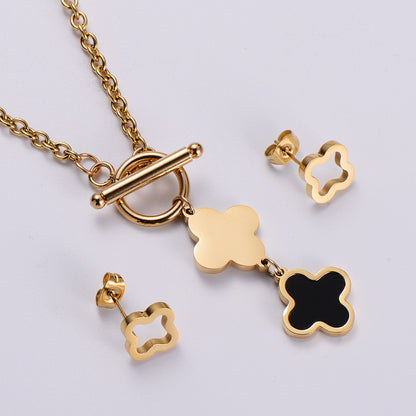 Stainless Steel Jewelry Set Four Leaf Clover Enamel Pendant Necklace And Stud Earrings