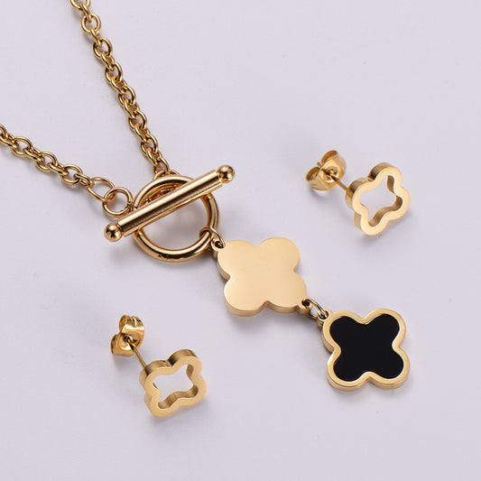 Stainless Steel Jewelry Set Four Leaf Clover Enamel Pendant Necklace And Stud Earrings