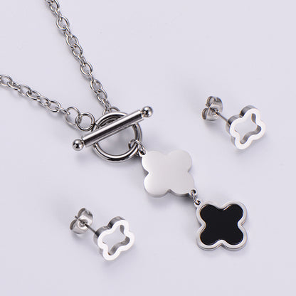 Stainless Steel Jewelry Set Four Leaf Clover Enamel Pendant Necklace And Stud Earrings