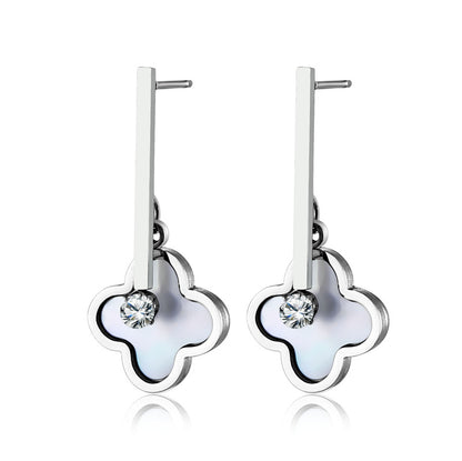 Silver earrings with clover-shaped designs on a white background