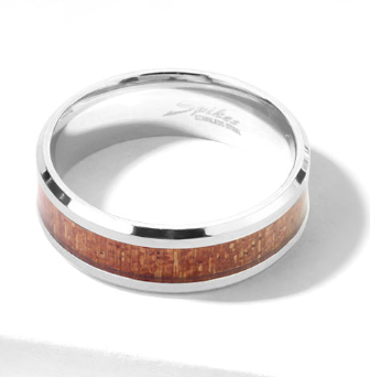 Silver ring with wooden inlay on a white background