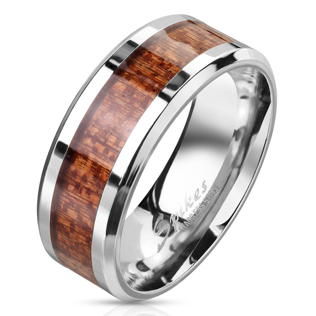 Three stainless steel rings with wood inlay centers, displayed on a white surface.