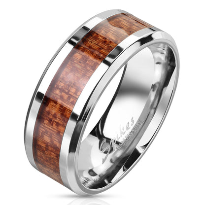 Three stainless steel rings with wood inlay centers, displayed on a white surface.
