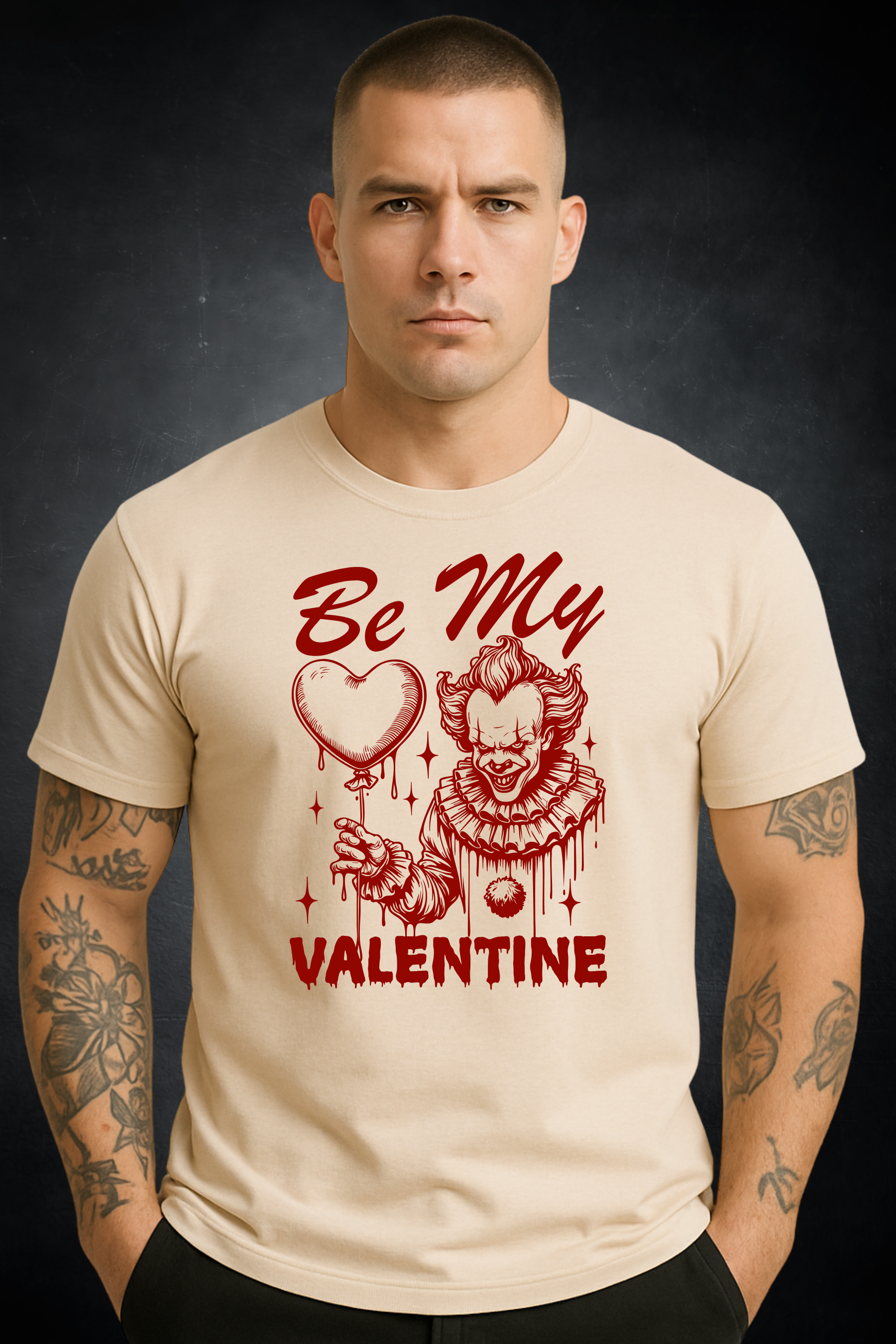 Model wearing Be My Valentine Valentine graphic T-shirt front view
