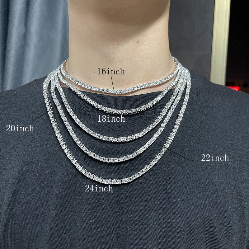 Silver chain necklace displayed on a person with measurements indicated.