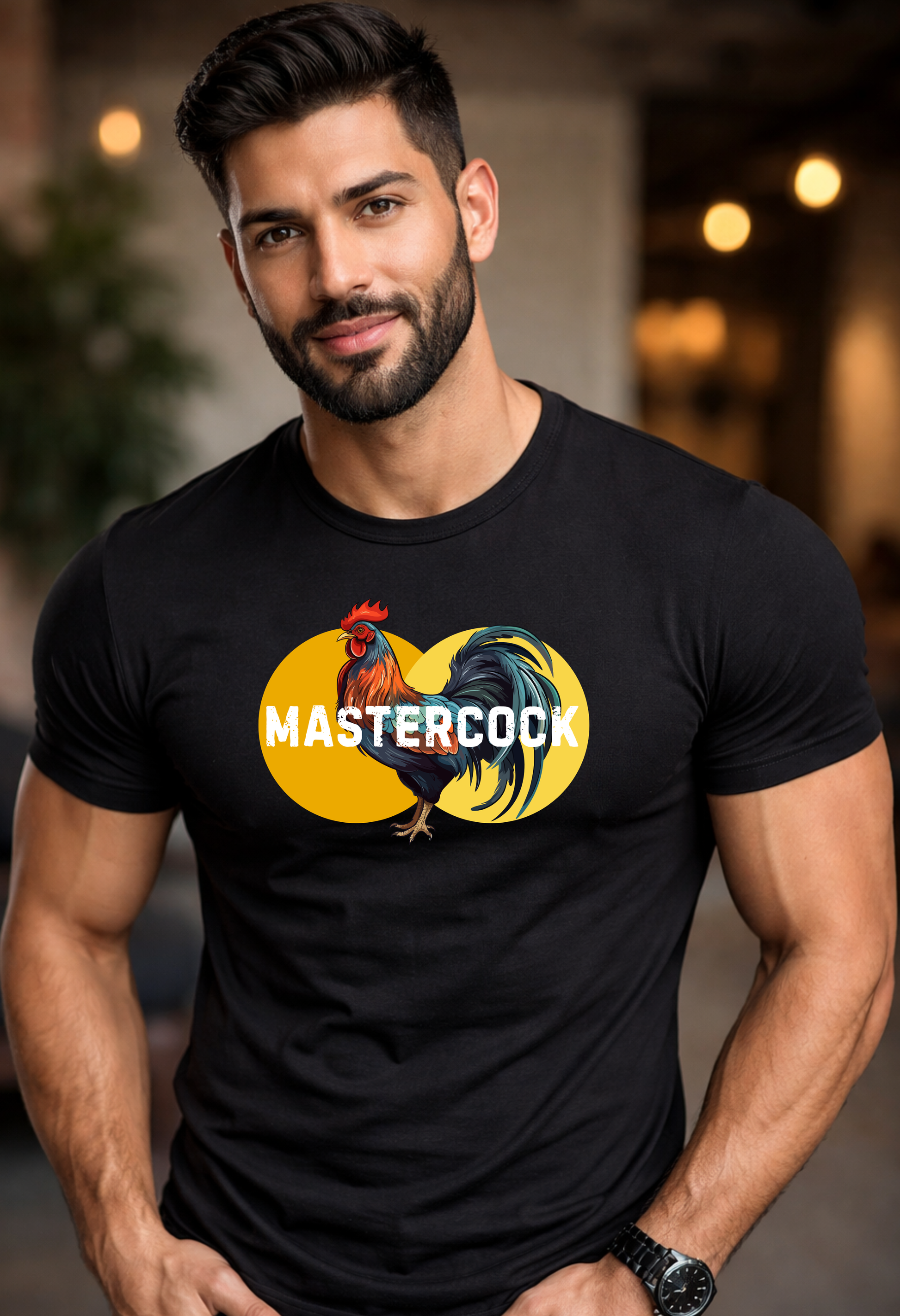 Man wearing a black t-shirt with 'Mastercock' graphic design