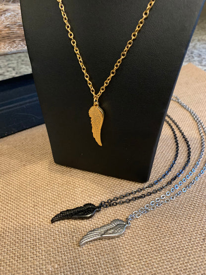 Stainless steel wing necklace, Black, Gold Plated, And  Silver, Men’s, Women’s costume size chain.